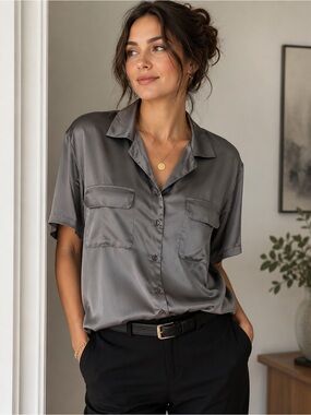 August Silk Brand  Silk Short-Sleeve Button-Down Blouse in Charcoal